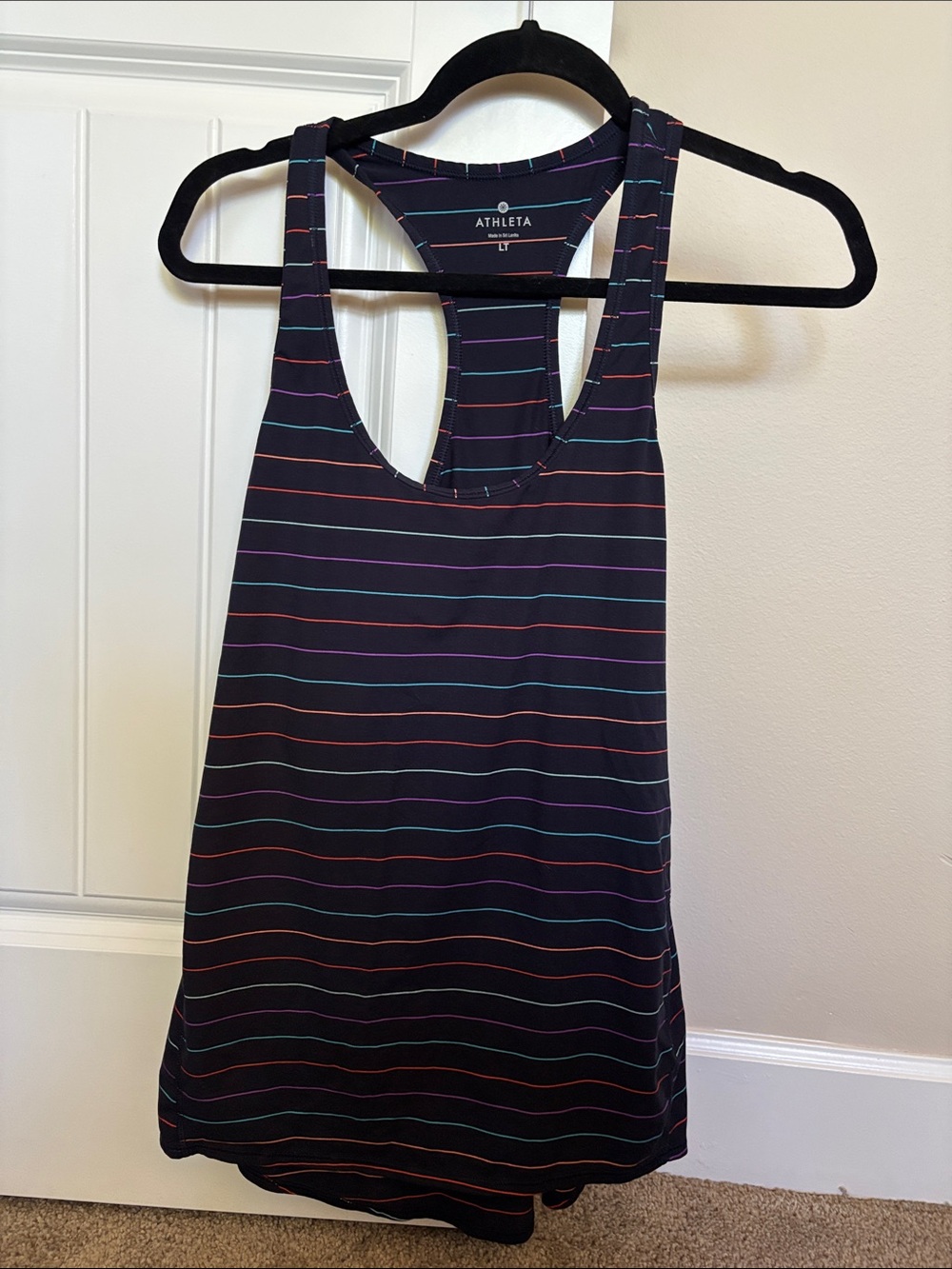 Athleta Black Striped Racerback Tank with Multicolor Lines size Large Tall